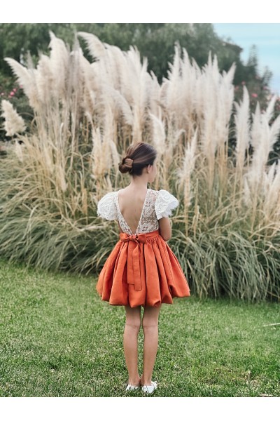 Terracotta lace flower girl dress, Linen flower girl dress toddler, Burnt orange flower girl dress, Boho flower girl dress
