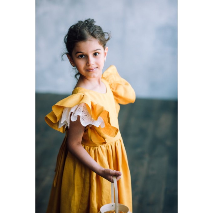 Mustard linen dress for girl