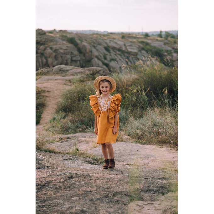 Mustard linen flower girl dress