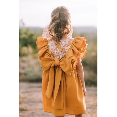 Mustard linen flower girl dress