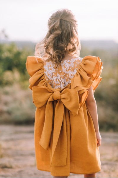 Mustard linen flower girl dress