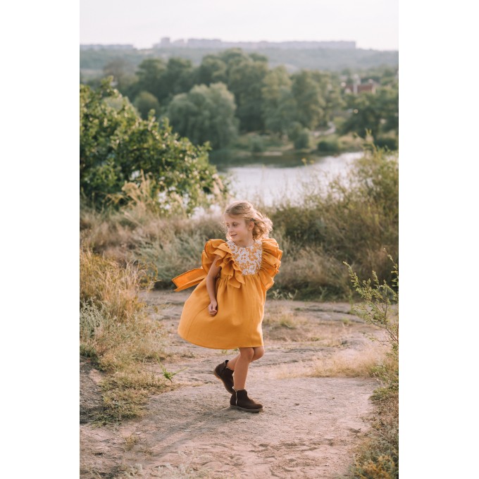 Mustard linen flower girl dress