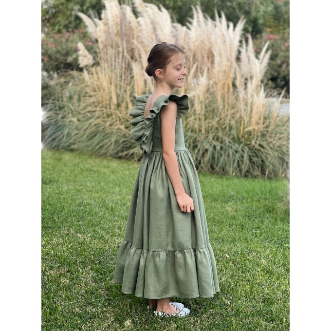 Sage green linen dress with bow, Boho flower girl dress toddler, Bohemian flower girl dress, Boho first birthday dress, Girls linen dress
