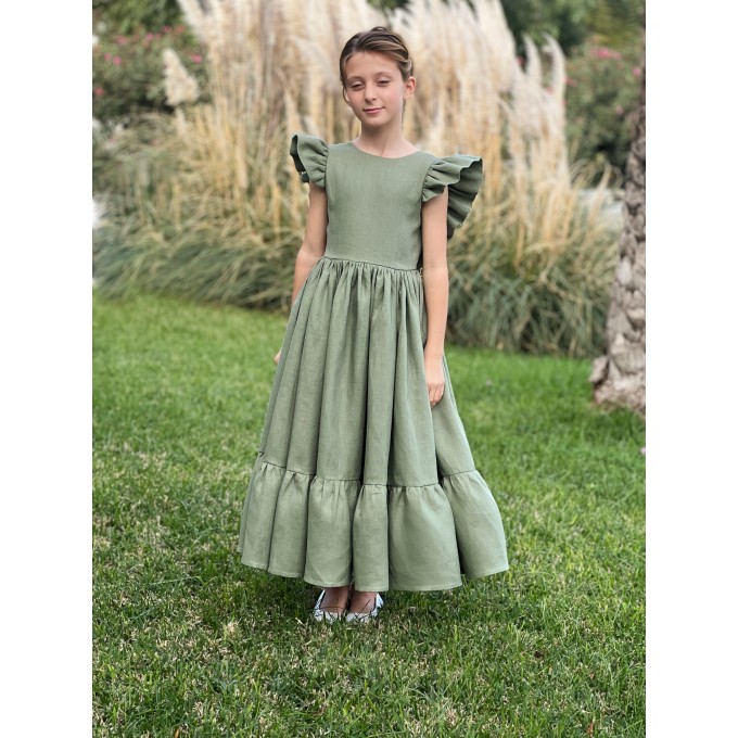 Sage green linen dress with bow, Boho flower girl dress toddler, Bohemian flower girl dress, Boho first birthday dress, Girls linen dress
