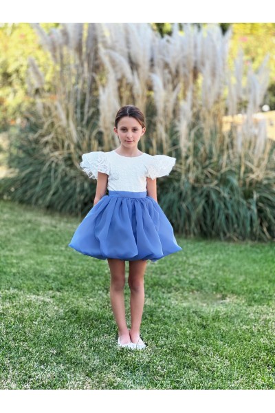 Ivory and dusty blue flower girl dress with bow, Lace flower girl dress boho, Toddler flower girl dress, Tulle flower girl dress